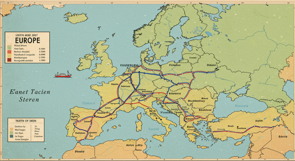 stylized map of Europe with highlighted routes transportation network horizontal format
