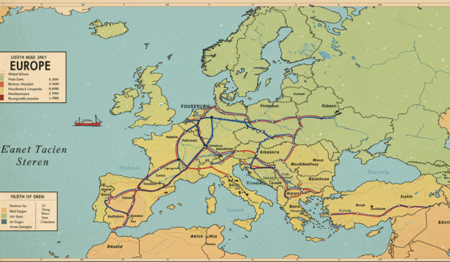 stylized map of Europe with highlighted routes transportation network horizontal format