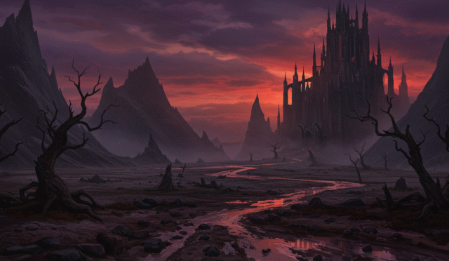 concept art of a dark fantasy world with a looming castle horizontal format