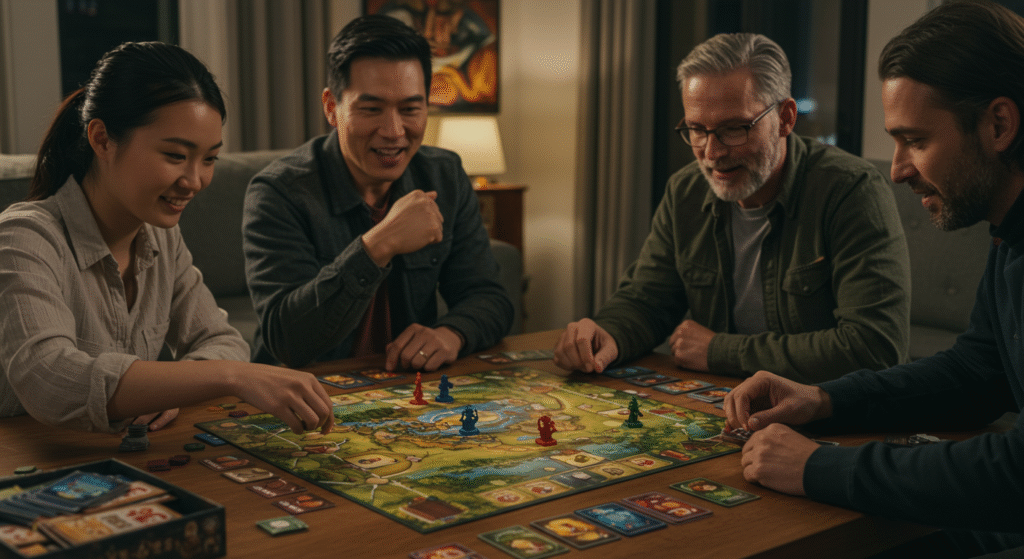 group of friends playing a cooperative board game horizontal format
