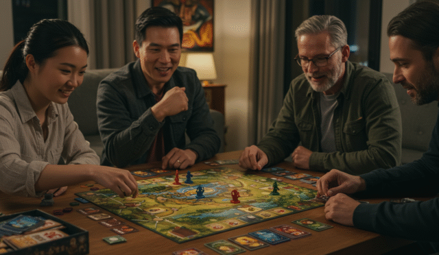 group of friends playing a cooperative board game horizontal format