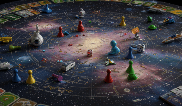 board game pieces on a star map horizontal format