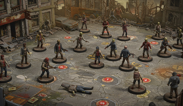 stylized board game pieces depicting zombie apocalypse scene horizontal format