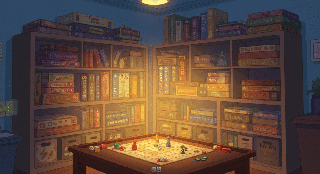 stylized illustration of a game room with neatly organized board games horizontal format