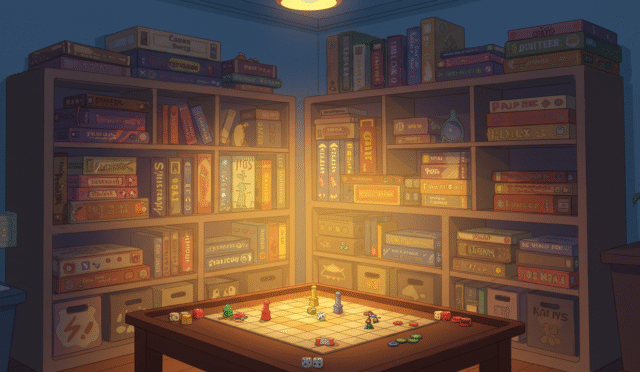 stylized illustration of a game room with neatly organized board games horizontal format