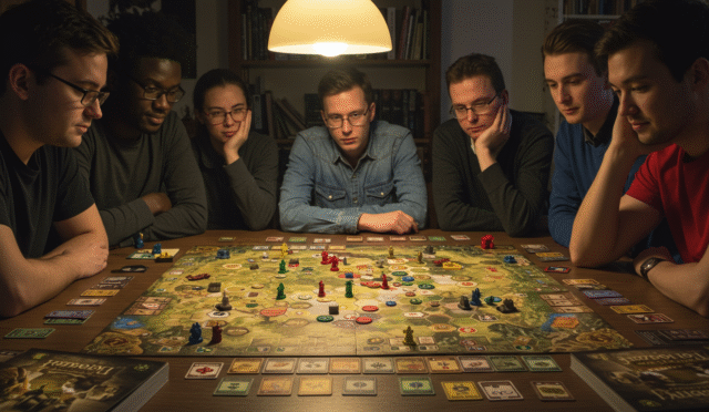 strategic board game setup with players planning moves horizontal format