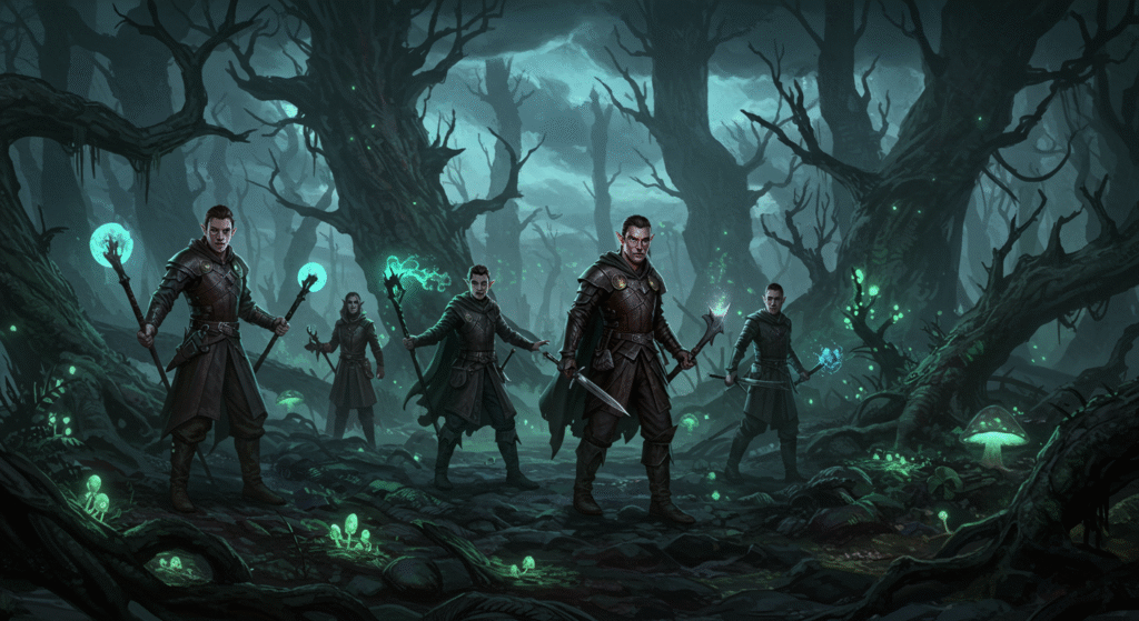 group of adventurers exploring a dark fantasy world horizontal format