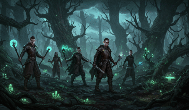 group of adventurers exploring a dark fantasy world horizontal format