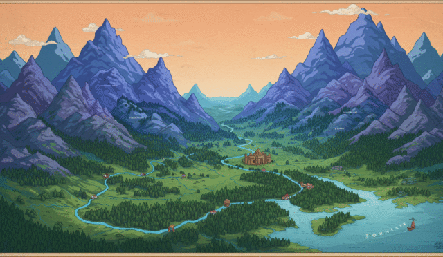 stylized map with mountains rivers and forests symbolizing exploration horizontal format