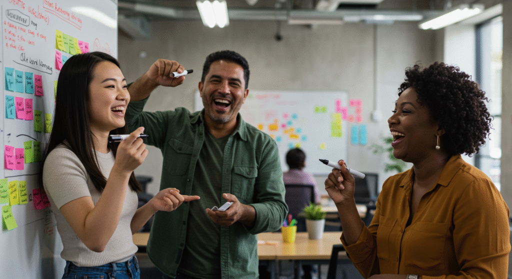diverse people brainstorming or sharing ideas in a fun setting horizontal format