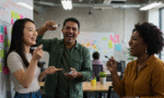 diverse people brainstorming or sharing ideas in a fun setting horizontal format