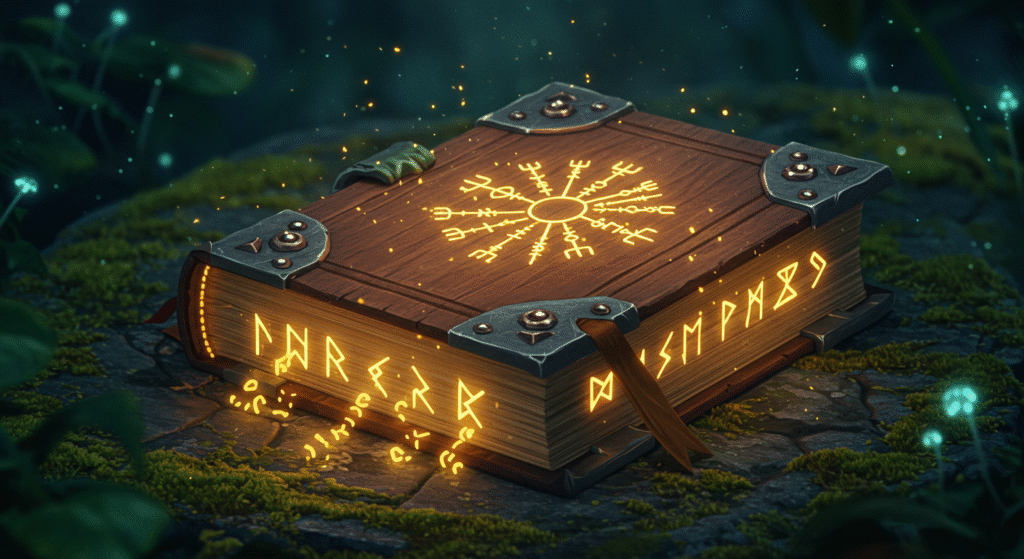magical book with glowing runes fantasy art horizontal format
