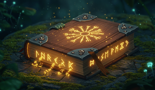 magical book with glowing runes fantasy art horizontal format