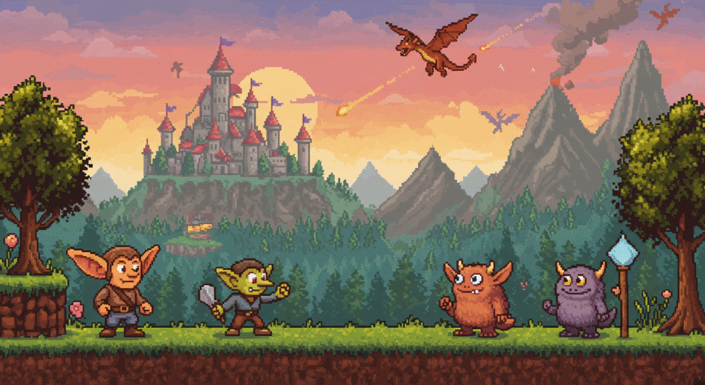 pixel art landscape of a fantasy world with monsters horizontal format
