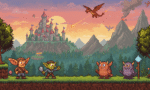 pixel art landscape of a fantasy world with monsters horizontal format