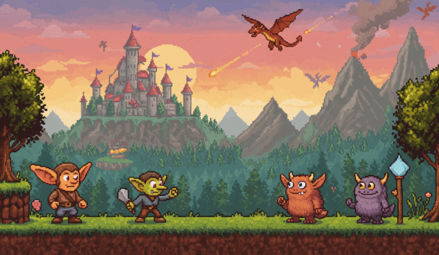 pixel art landscape of a fantasy world with monsters horizontal format