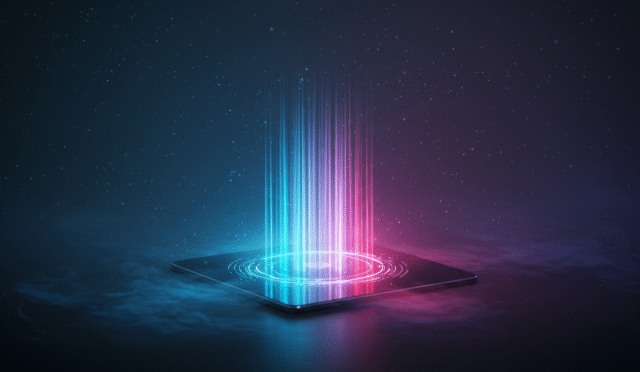 conceptual image of a new technology launch with dynamic light effects horizontal format