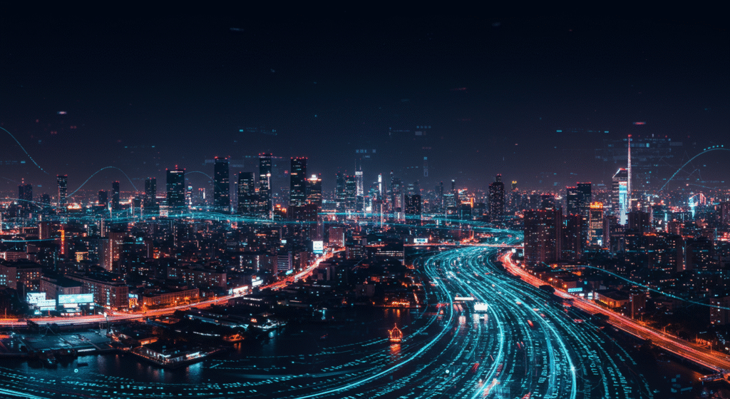abstract digital code flowing through a cityscape horizontal format