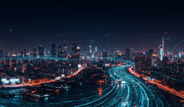 abstract digital code flowing through a cityscape horizontal format