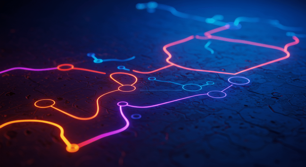 abstract image of a strategic game board with glowing pathways horizontal format