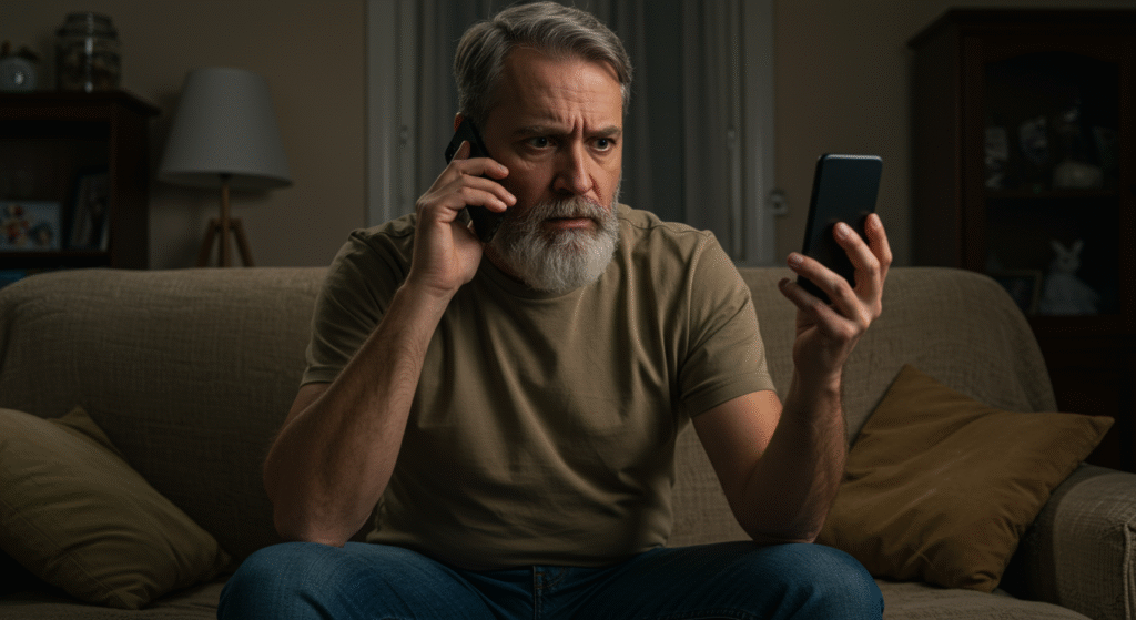 person looking suspiciously at a phone call scam horizontal format