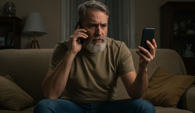 person looking suspiciously at a phone call scam horizontal format
