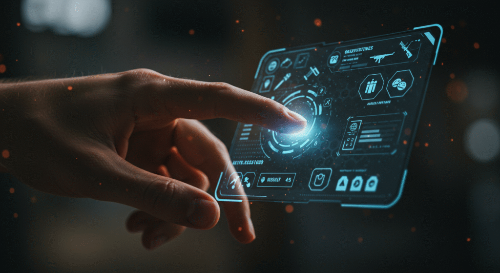 close-up of a human hand interacting with holographic survival game interface horizontal format