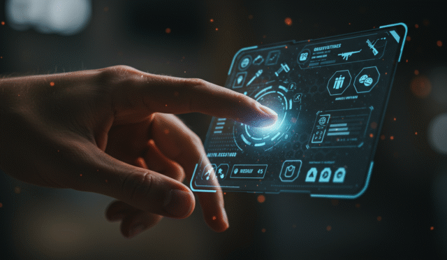 close-up of a human hand interacting with holographic survival game interface horizontal format