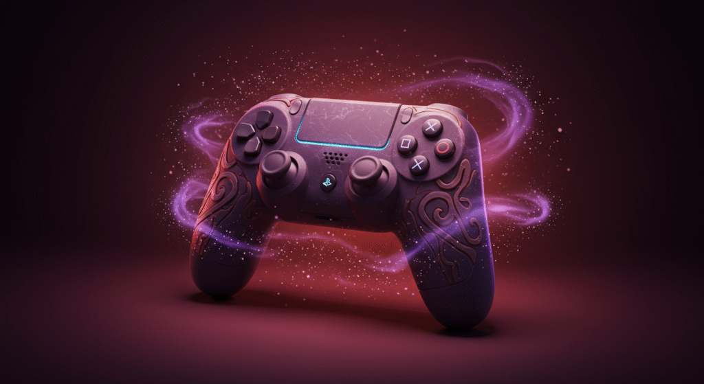 stylized game controller with a mystical aura horizontal format
