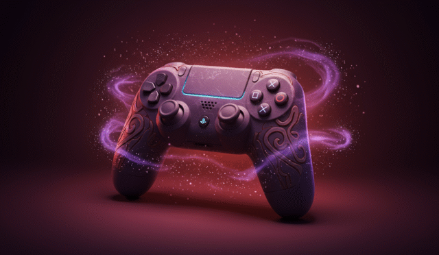 stylized game controller with a mystical aura horizontal format