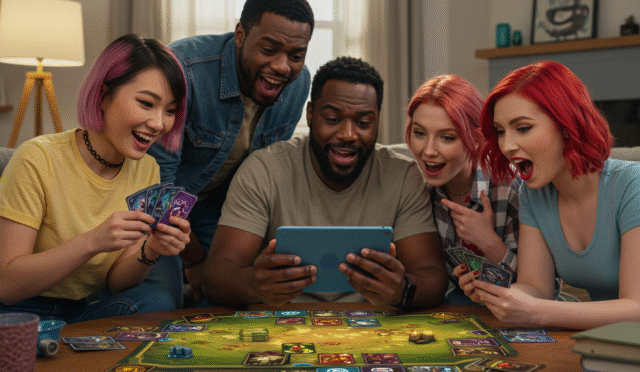 diverse group of friends playing a board game digital version horizontal format
