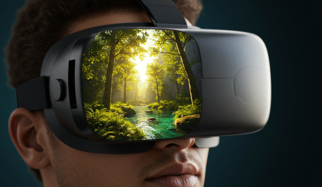 virtual reality headset showing a realistic nature landscape horizontal format