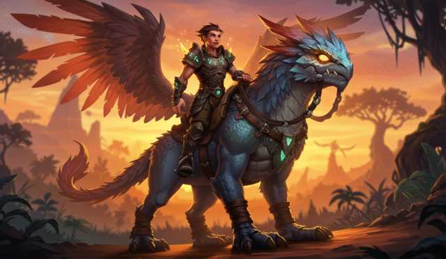stylized image of a player character riding a unique mount horizontal format