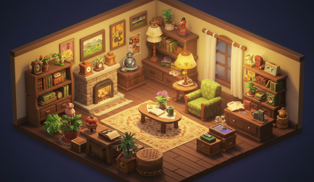 An isometric view of a highly customized animal crossing wild world house interior filled with unique furniture and personal decorations in a warm inviting light