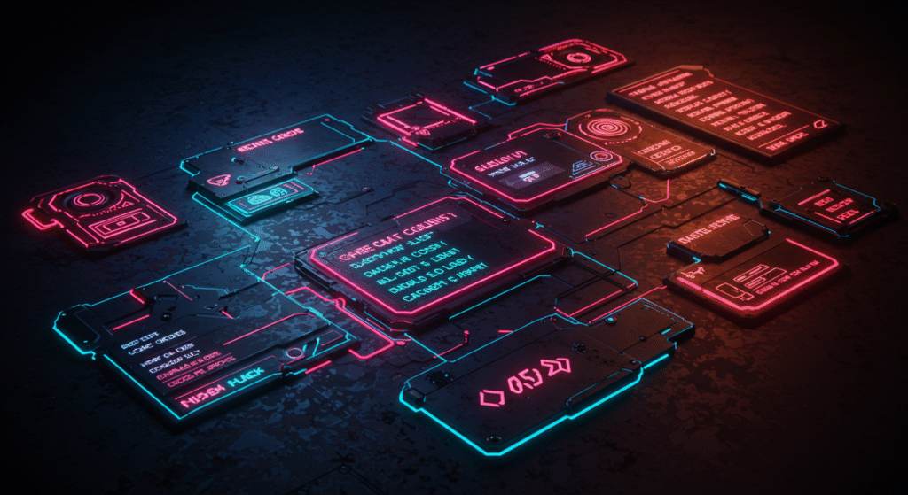 a stylized digital interface displaying game cheat codes and settings with a glowing effect