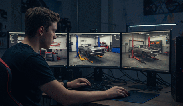 a person playing a realistic car mechanic simulator game on a pc with multiple monitors showing detailed car models and workshop environment