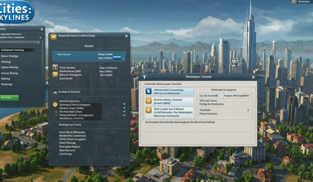 cities skylines interface with developer console open showing various cheat codes and options for unlimited money resources and unlocking milestones