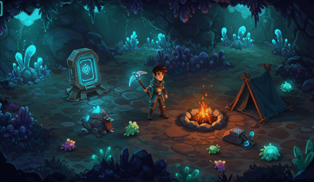 A Core Keeper player character standing in a lush underground biome near a teleporter with crafted items and tools visible on the ground surrounded by unique plants and creatures