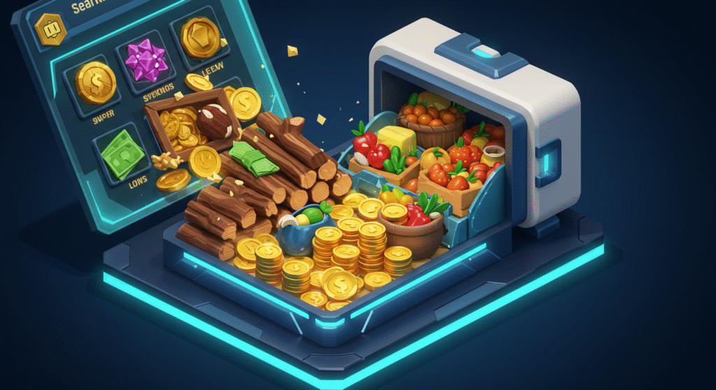 An abstract representation of abundant resources like gold coins wood logs and food baskets flowing into a digital storage unit on a game interface symbolizing wealth and power