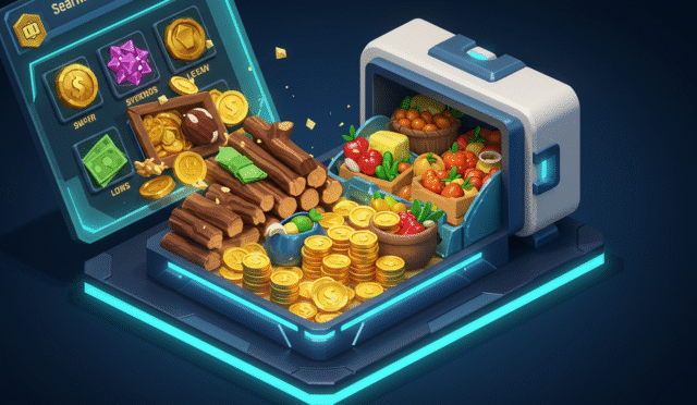 An abstract representation of abundant resources like gold coins wood logs and food baskets flowing into a digital storage unit on a game interface symbolizing wealth and power