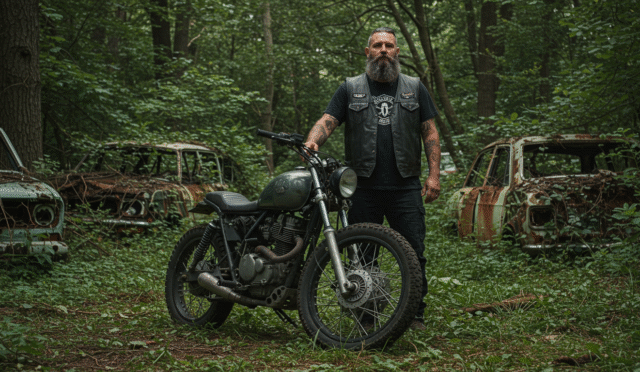a rugged man with a beard and a leather vest standing next to a customized motorcycle in a forest setting full of abandoned vehicles and overgrown nature