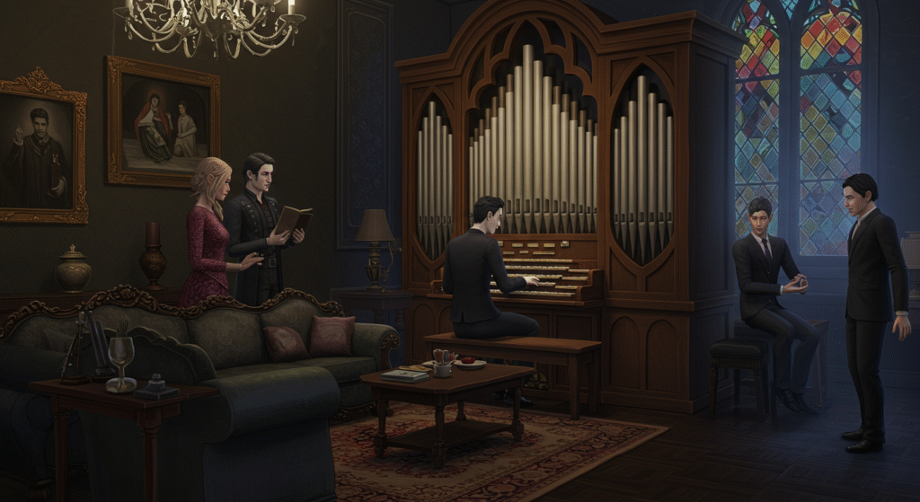 a dark and gothic living room with antique furniture and a large pipe organ a vampire sim playing a pipe organ in a dimly lit room with stained glass windows a group of diverse sims interacting with a vampire in a modern yet gothic setting