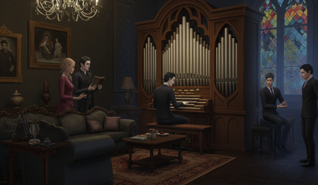 a dark and gothic living room with antique furniture and a large pipe organ a vampire sim playing a pipe organ in a dimly lit room with stained glass windows a group of diverse sims interacting with a vampire in a modern yet gothic setting