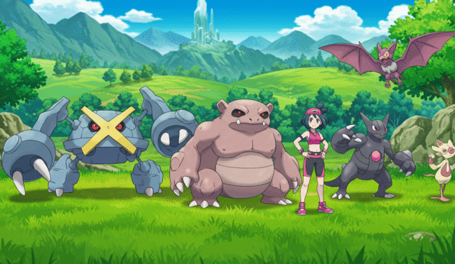 A diverse team of powerful Pokémon including Metagross Slaking and Crobat standing ready for battle in a lush green landscape with a determined trainer video game style