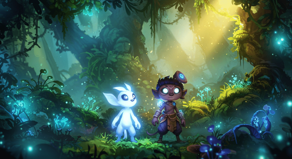two video game characters Ori and Ku standing together in a mystical forest setting looking towards a bright light friendship and adventure theme enchanting visuals