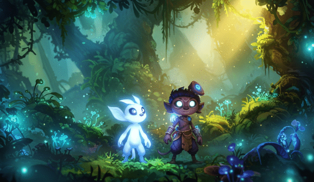 two video game characters Ori and Ku standing together in a mystical forest setting looking towards a bright light friendship and adventure theme enchanting visuals