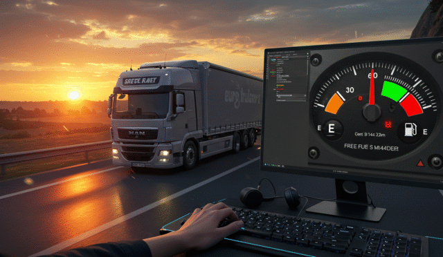a realistic 3D render of a European truck driving on a scenic highway during sunset with digital elements overlaid suggesting cheat codes or game modifications a sleek modern gaming setup with a computer screen displaying Euro Truck Simulator 2 gameplay a player's hands on a keyboard with a glowing console command line open on the screen a detailed close-up of a fuel gauge in a truck cockpit showing a full tank and a digital overlay indicating a "free fuel" exploit