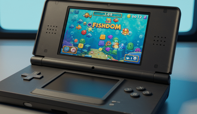 a vintage Nintendo DS handheld console displaying a Fishdom game screen with puzzle elements and a timer in a nostalgic retro gaming context