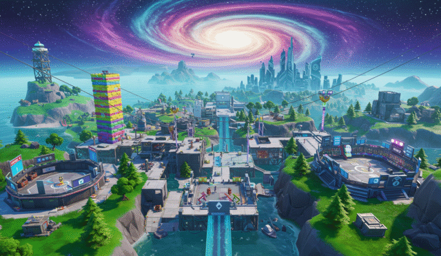 Fortnite Creative mode island with various custom game elements and player-made structures