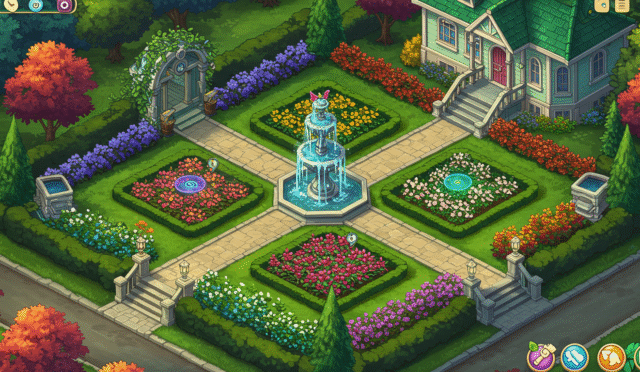 An overhead view of a beautifully restored garden from Gardenscapes showcasing intricate details fountains and blooming flowers with small interactive elements for puzzle solving